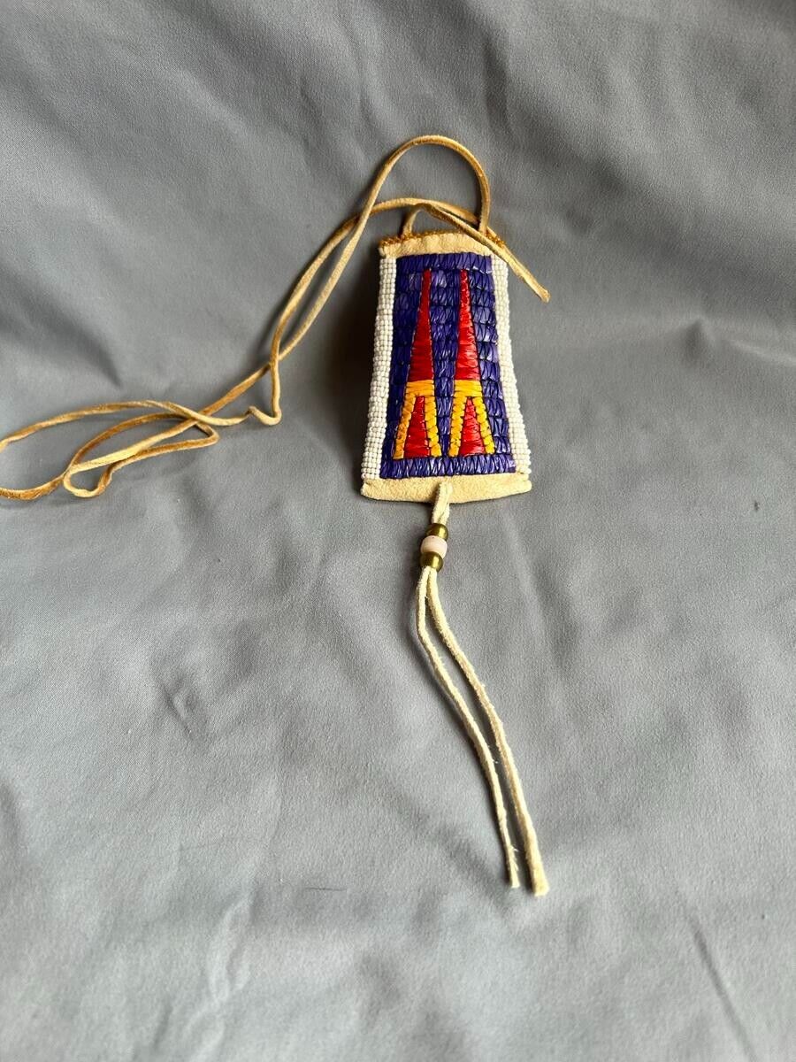 Native American Dorothy Brave Eagle Porcupine Quill Bead Leather Pouch Necklace