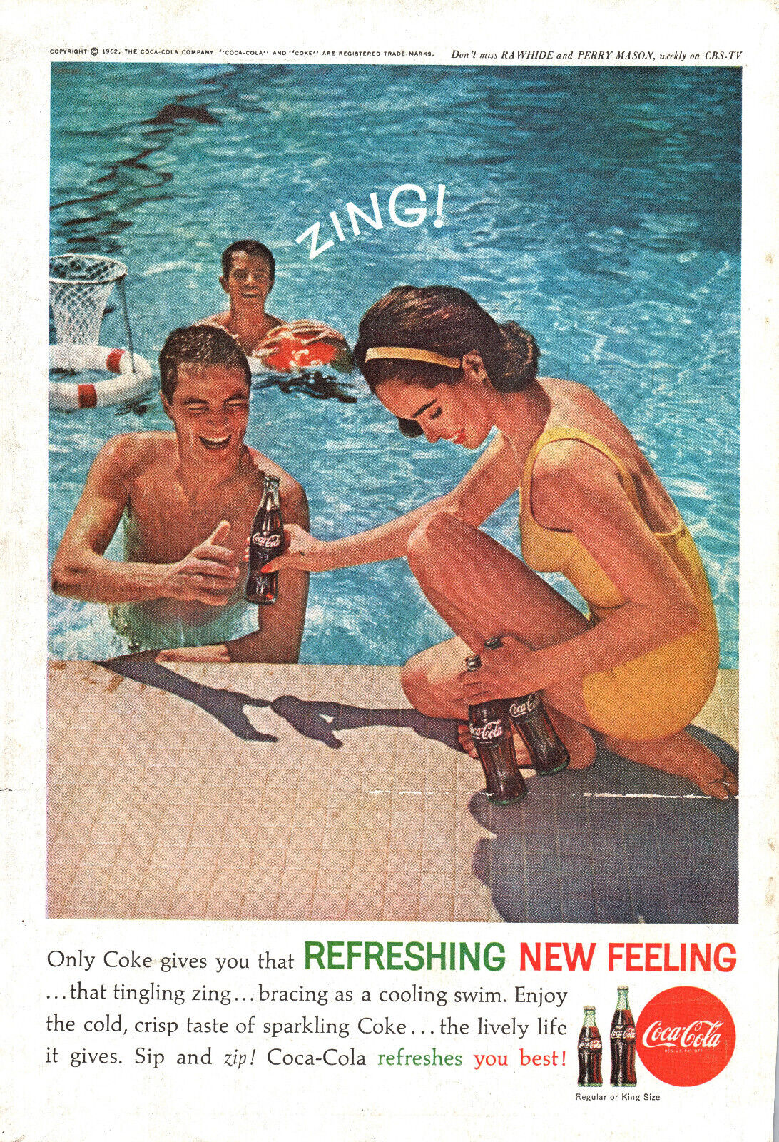 1962 Coca Cola Vintage Print Ad Guys & Girl- Woman Bathing Suit