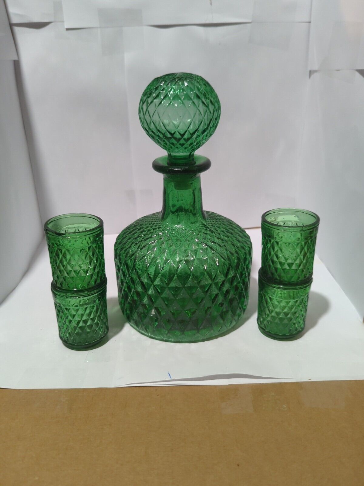 Vintage Empoli Glass Italian Green Dmnd Cut Round Whiskey Decanter + 4 Glasses