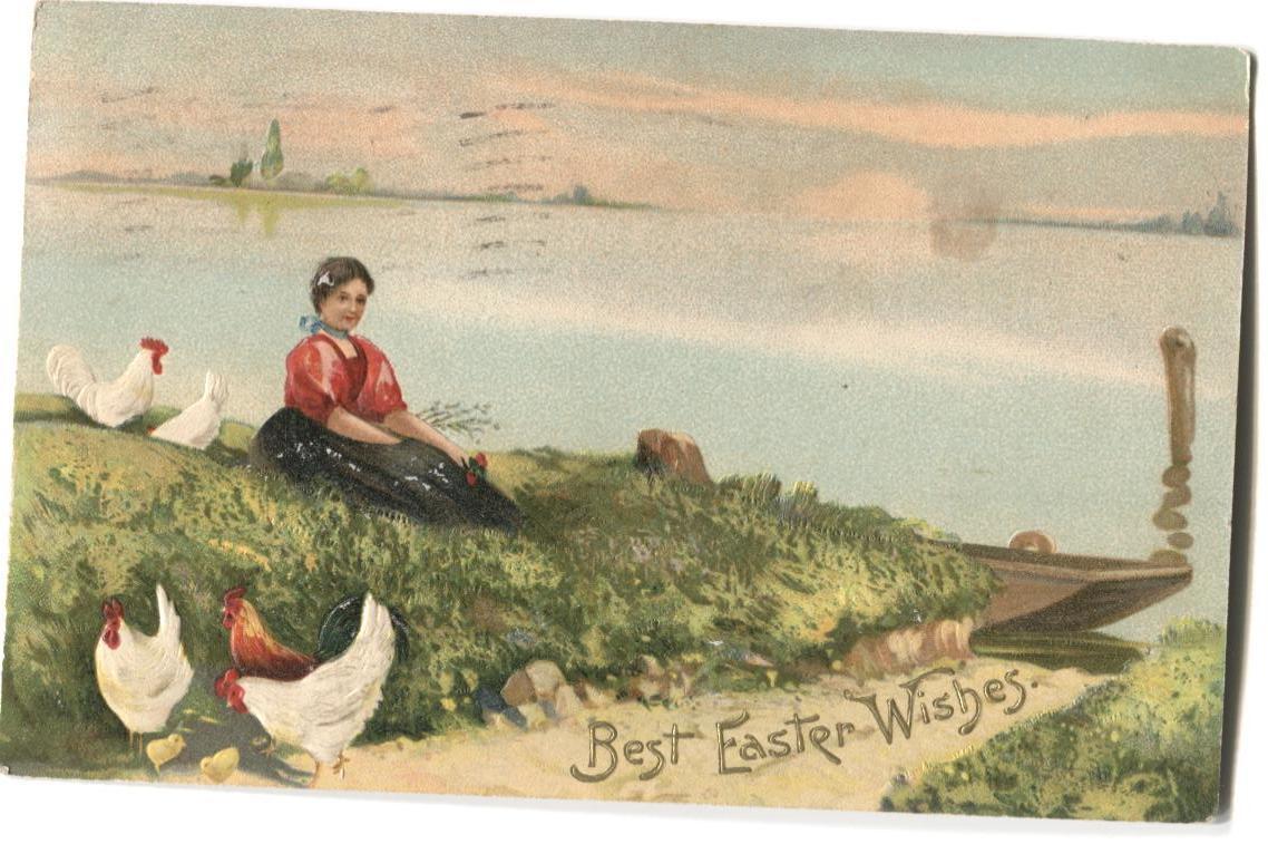 Postcard Best Easter Wishes Girl Bank of Lake 1912 Chickens