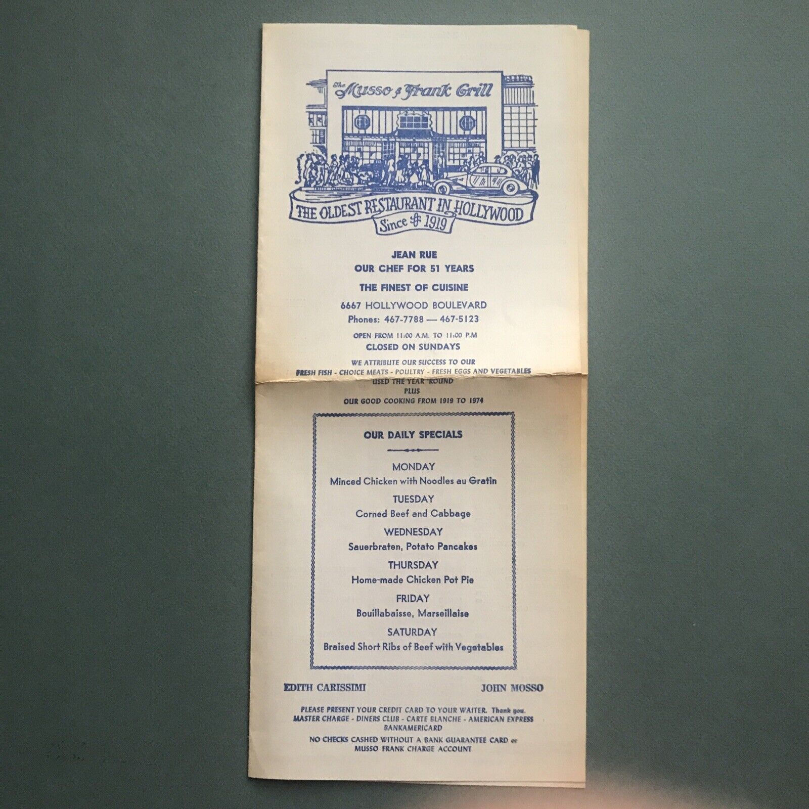 Vintage Musso & Frank Grill Oldest Restaurant in Hollywood Menu Nov 12, 1974