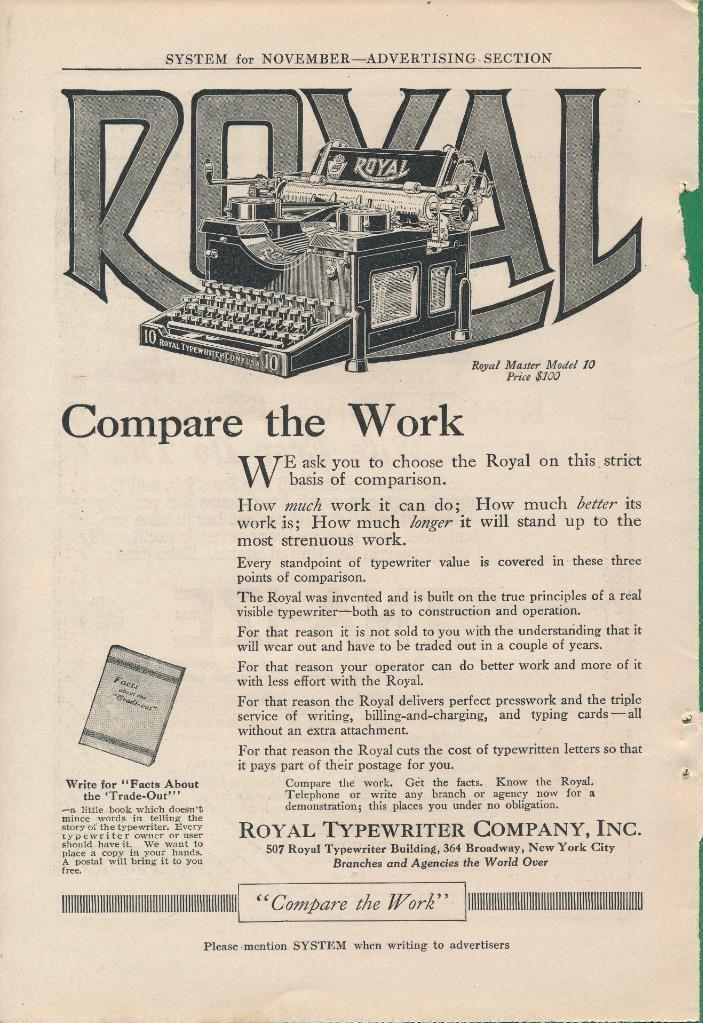 Magazine Ad - 1915 - Royal Typewriters - Master Model 10