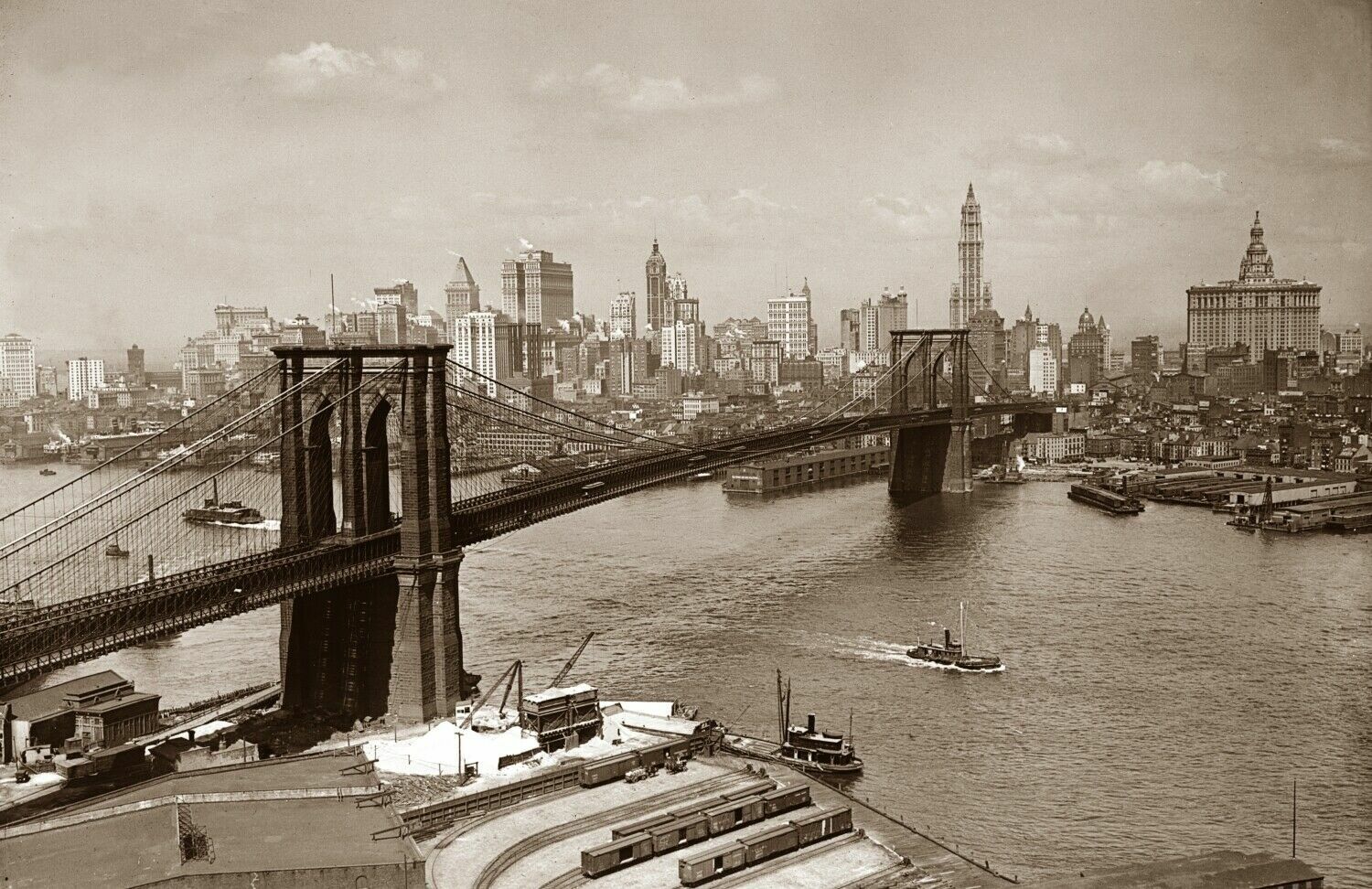 Early 1900\'s Brooklyn Bridge and NYC Skyline Vintage Photo 8.5\