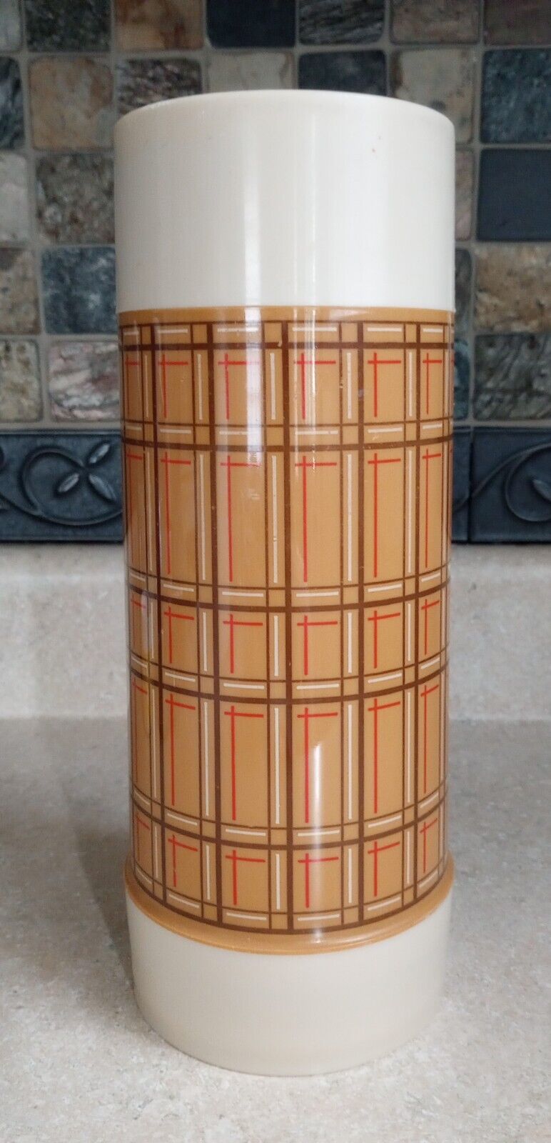 Vintage Aladdin Wide Mouth Quart Thermos Bottle Butterscotch Plaid- Made In USA