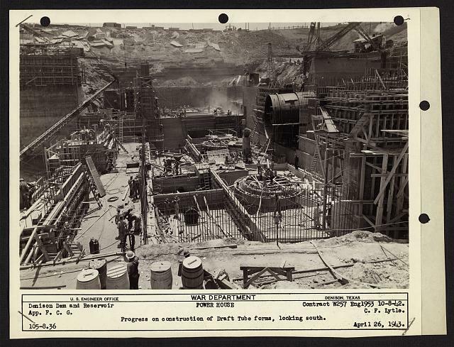 Photo:Denison Dam,reservoir,power,draft tube forms,TX,1943