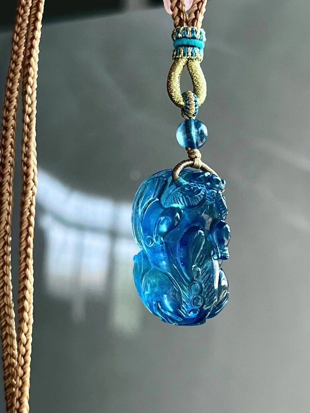 Genuine Natural  Blue Aquamarine Gemstone Crystal pixiu  Pendant 5A