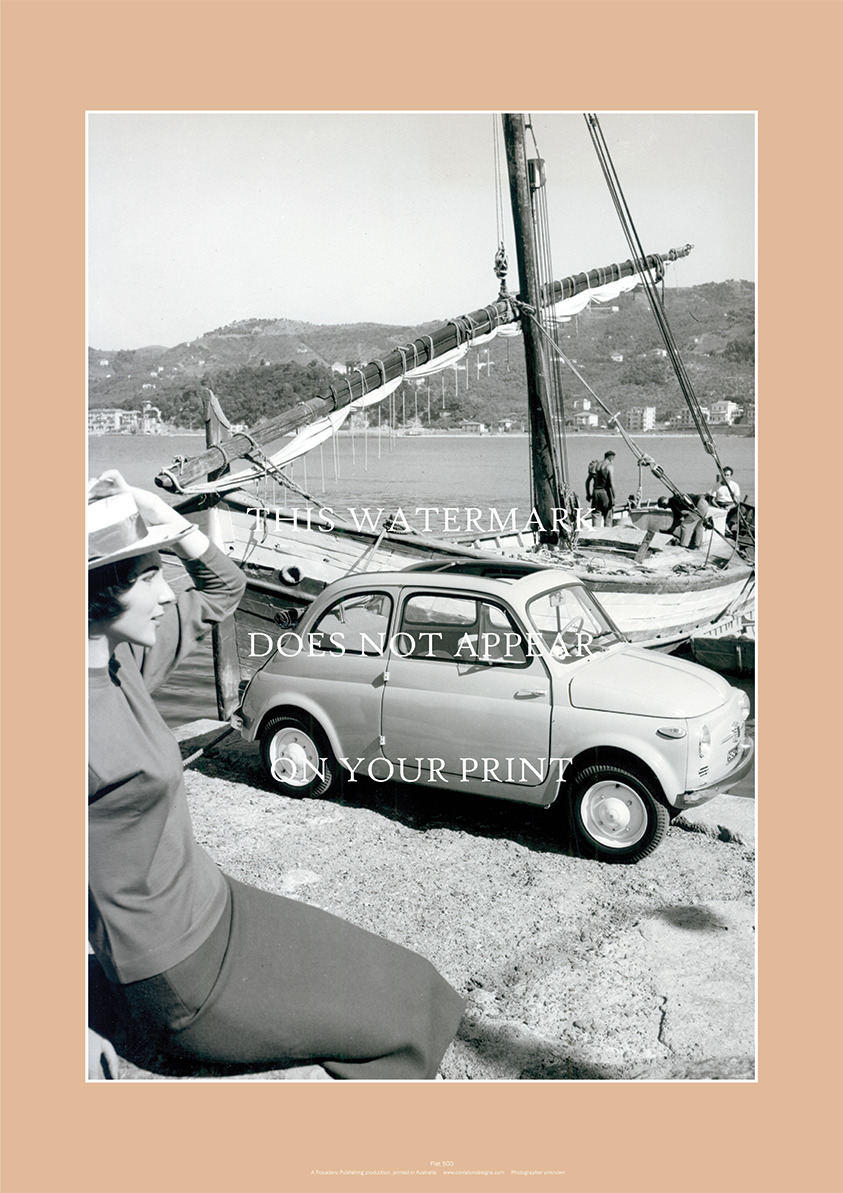 Fiat 500 A3 Art Print – Classic Car In Fishing Village – 42 x 29 cm Poster