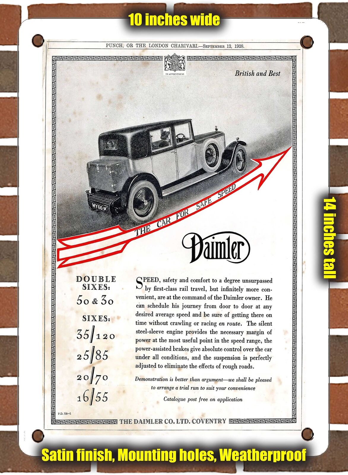 METAL SIGN - 1928 Daimler Double Six Saloon - 10x14 Inches