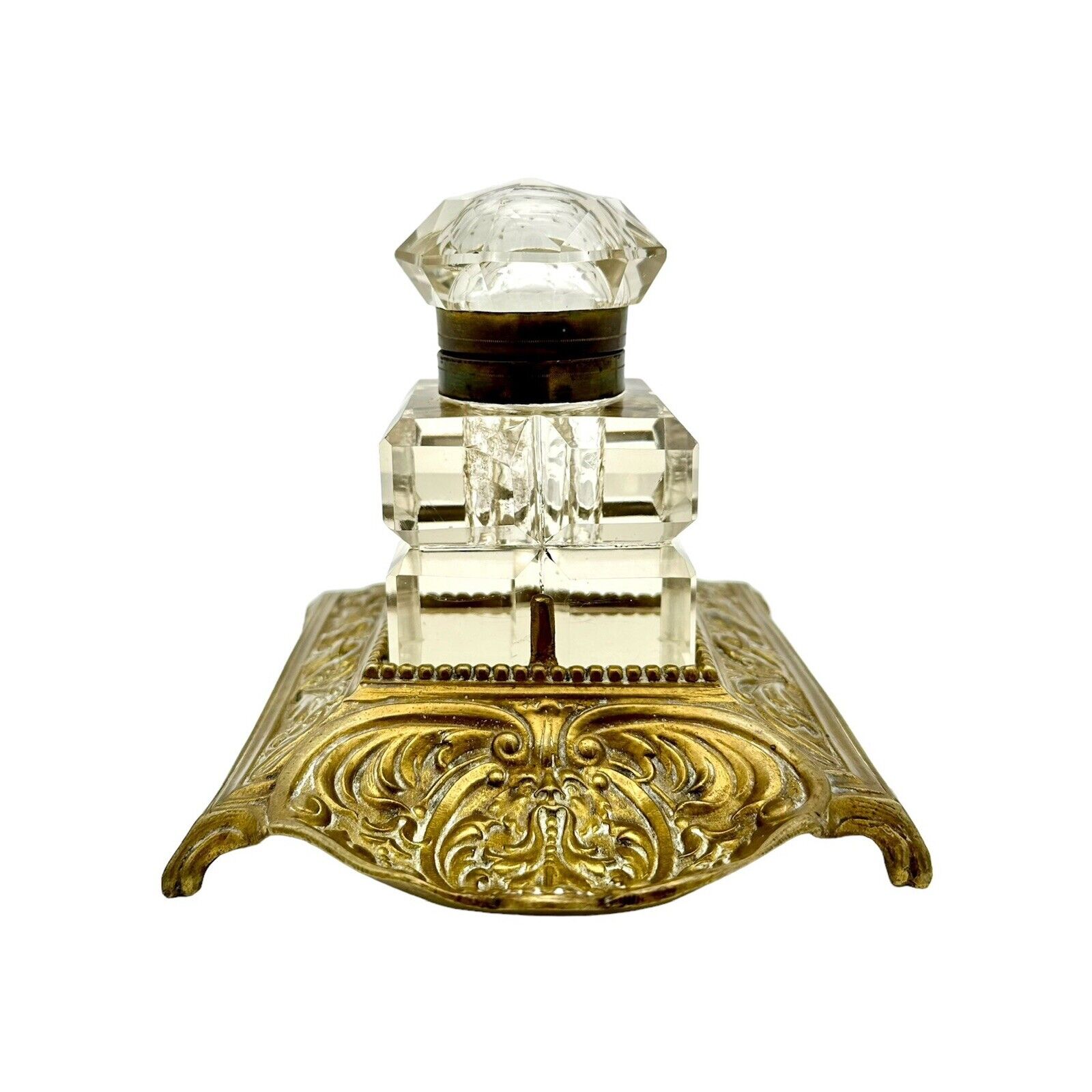 Antique Cut Crystal Inkwell with Brass Stand Half moons and Lion Head Motif  