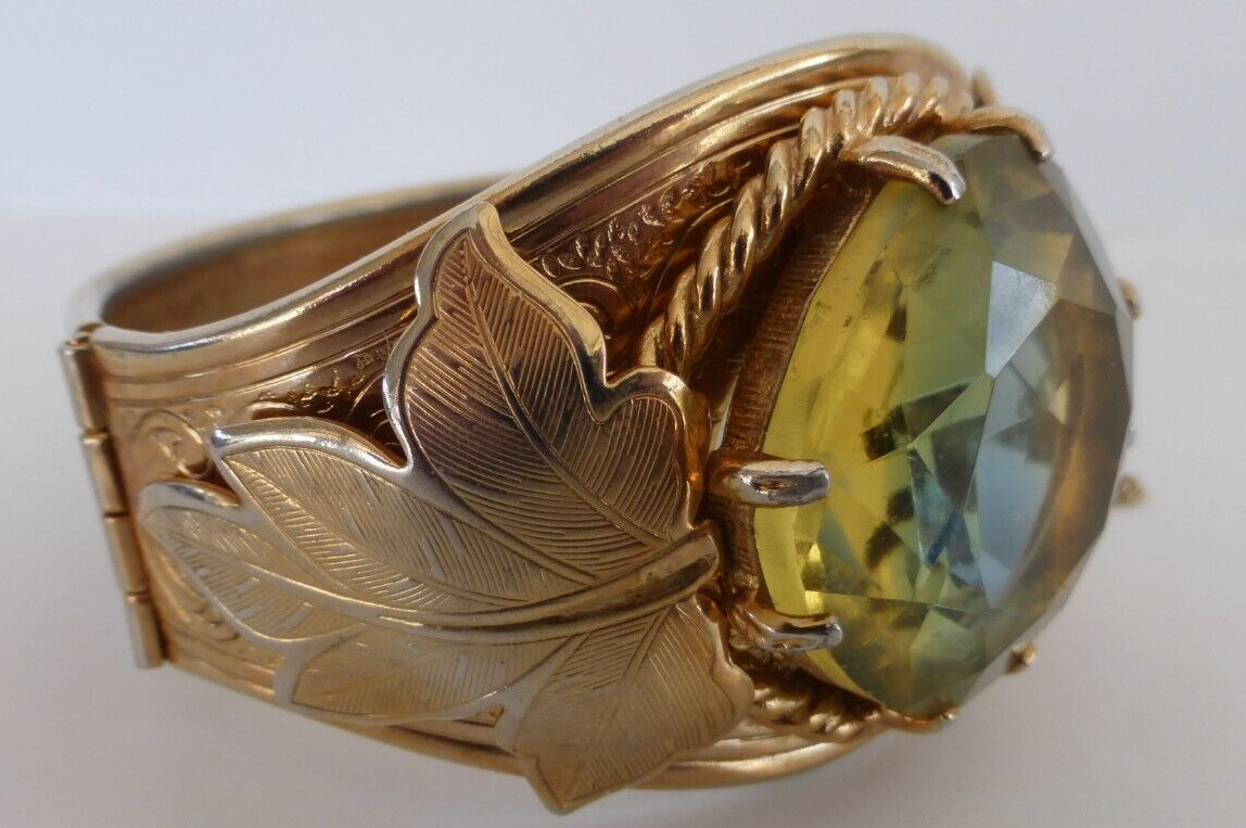 Signed Sarah Coventry Versailles Large Jewel HINGED CUFF BRACELET Gilded Leaves