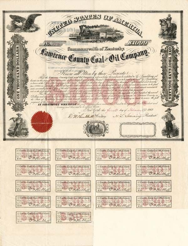 Lawrence County Coal and Oil Co. - $1,000 Bond (Uncanceled) - Mining Bonds