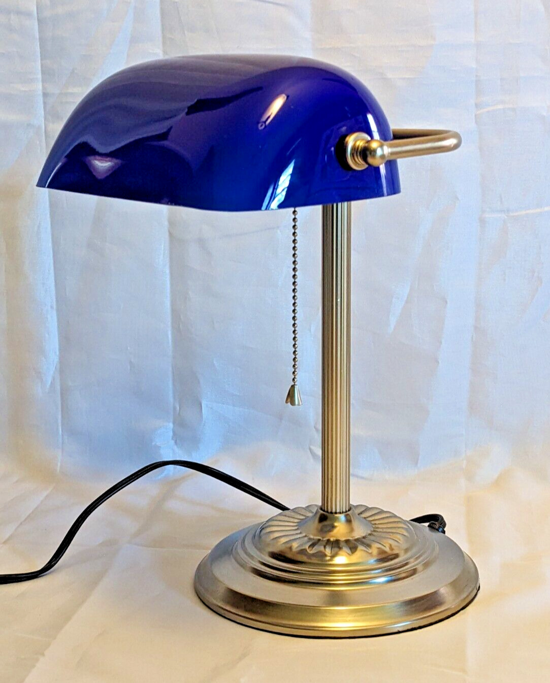 VINTAGE COBALT BLUE GLASS SHADE BANKERS DESK TABLE LAMP with Pull-Chain 14