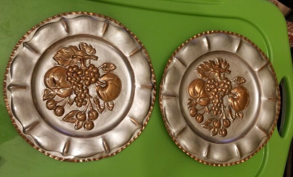 Vtg pair of metal plate charger plaques fruit motif Italy