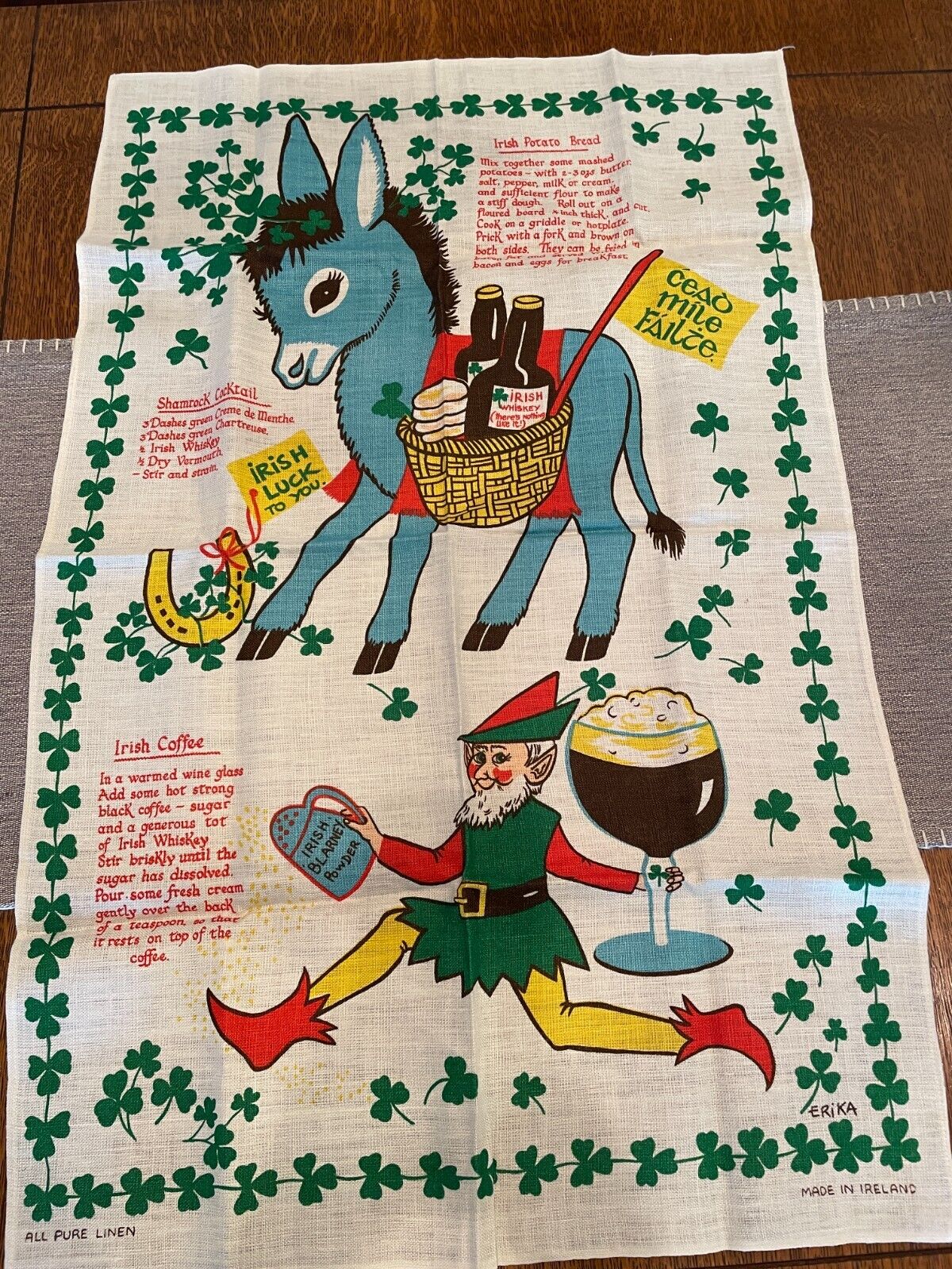 Vintage Erika Irish Leprechaun Donkey All Pure Linen Kitchen Towel 20x31 -LOOK
