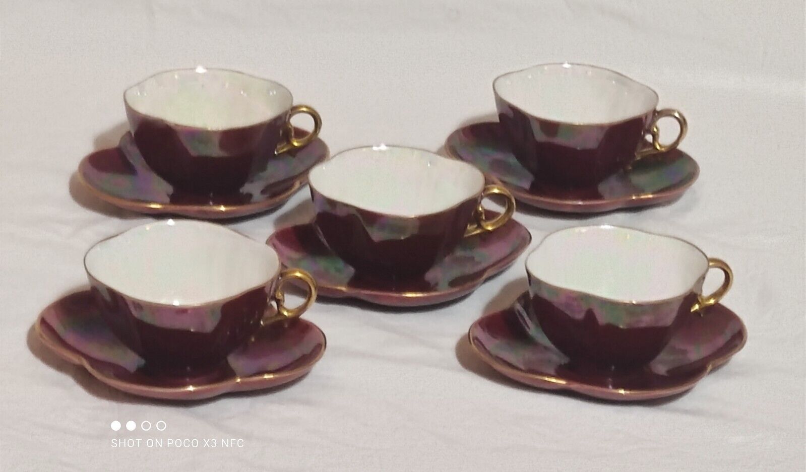 Sarreguemines France Antique Five (5) Cup & Saucer Sets
