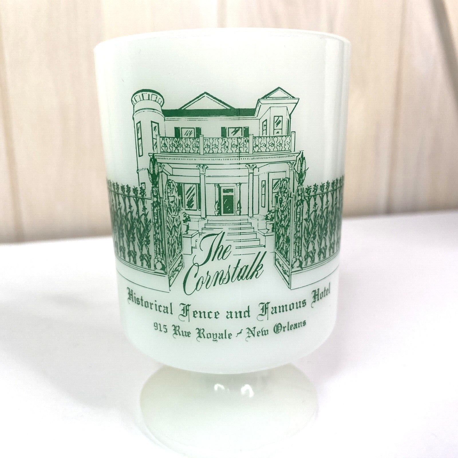 Vintage Pedestal Hotel Milk Glass Mug Ceramic The Cornstalk Hotel New Orleans
