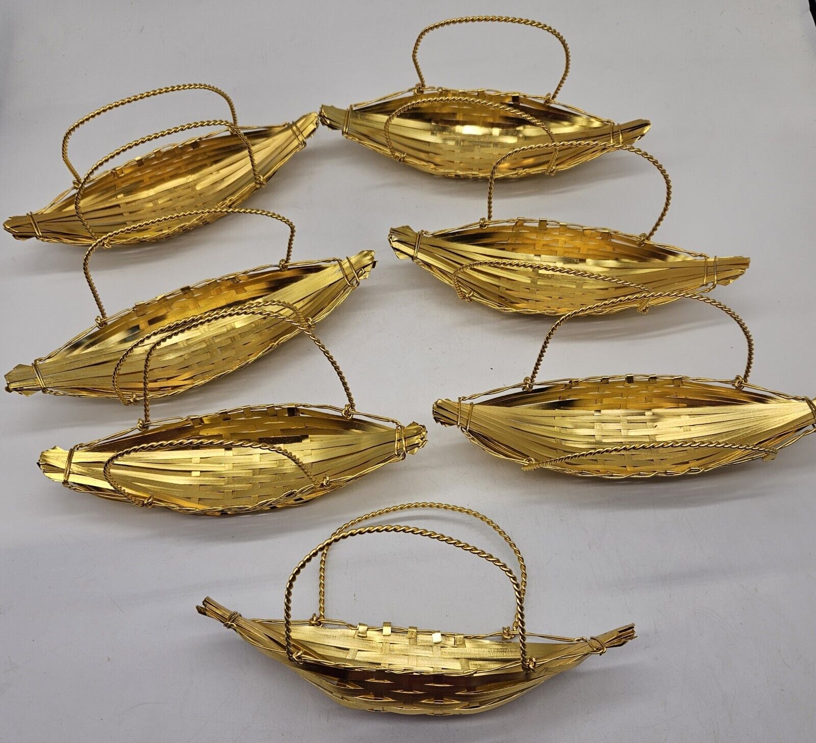 Set of 7 Gold Tone Metal Boat-Shaped Baskets Candy Nut Sushi Holders