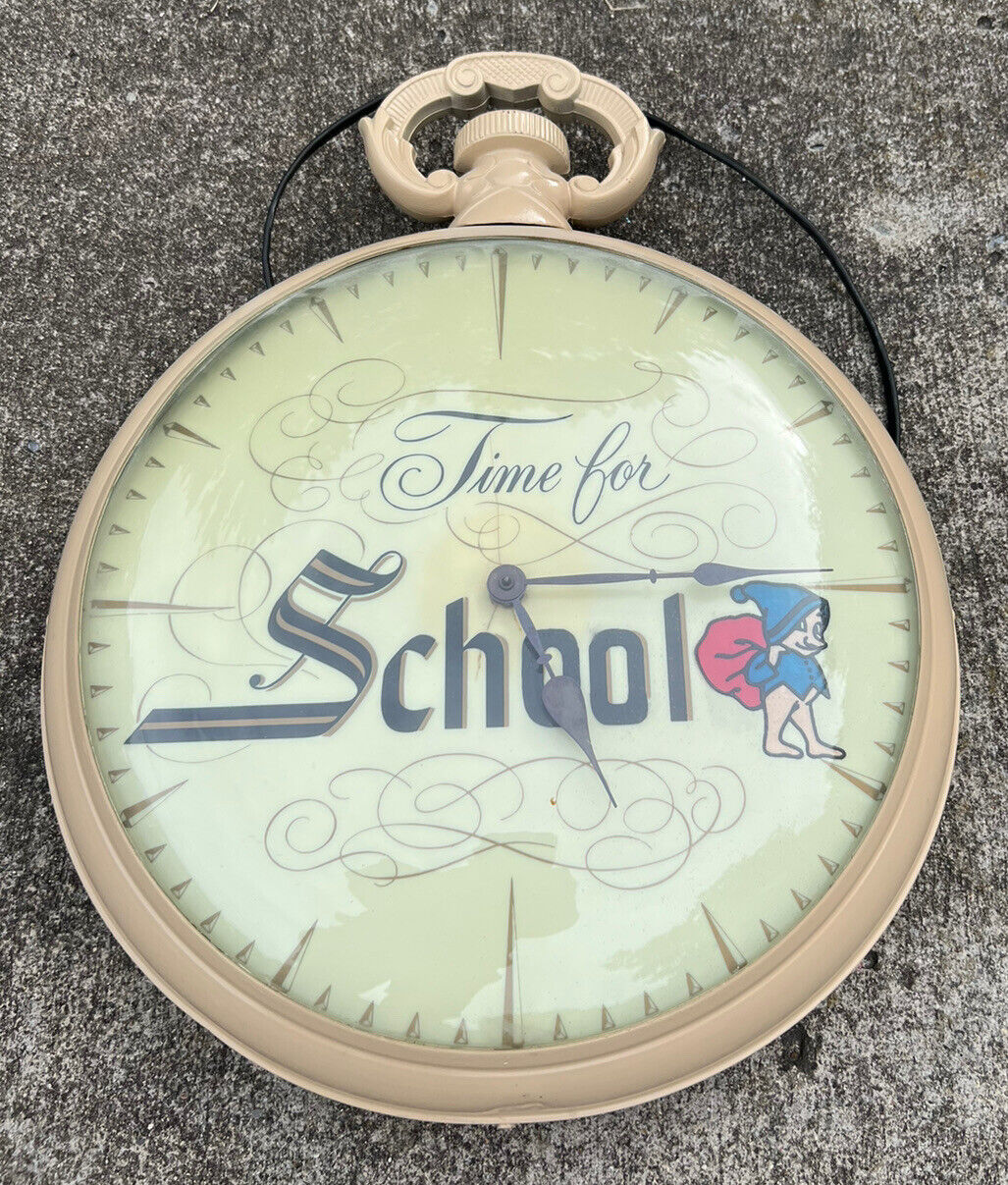 RARE Vintage TIME FOR SCHOOL Pocket Watch Shaped Wall Clock Elf Gnome Hobo