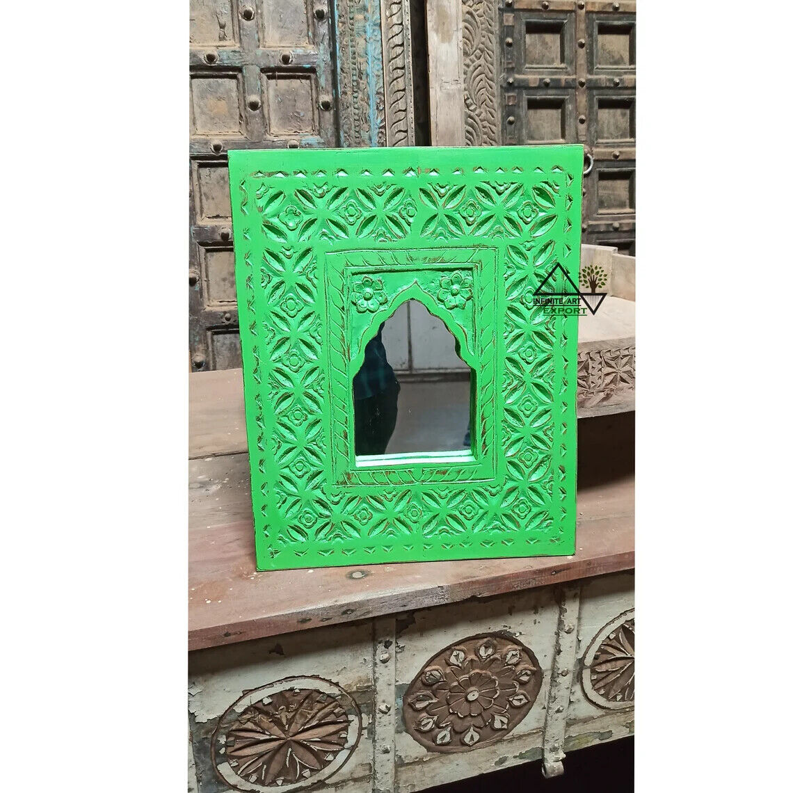 Indian Carved Green Wooden Wall Mirror Frame Wall Decor Hanging Frame Gift 
