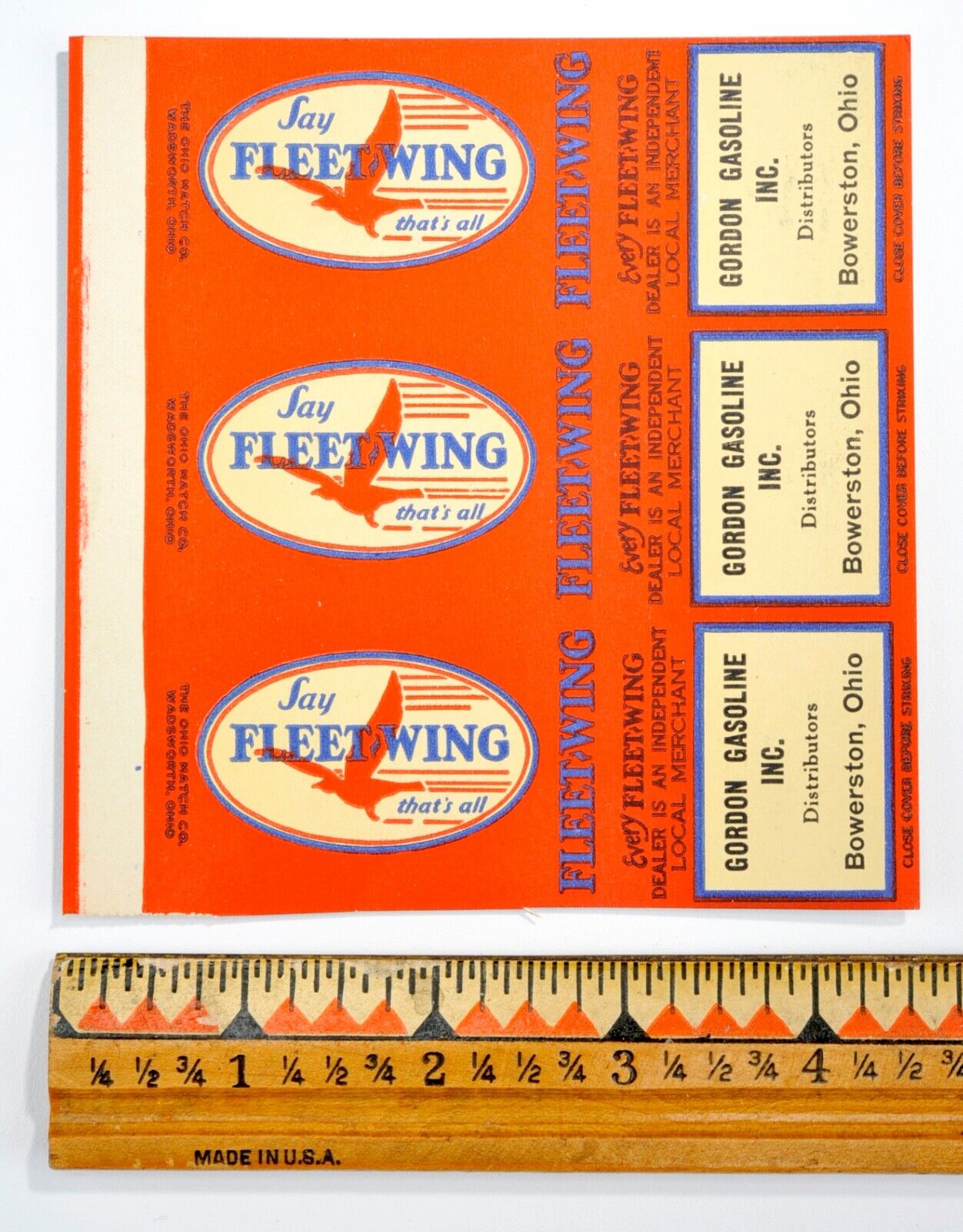 Vintage 1930\'s Say Fleet Wing Oil Advertising Matchbook Cover Bowerston, Ohio#20
