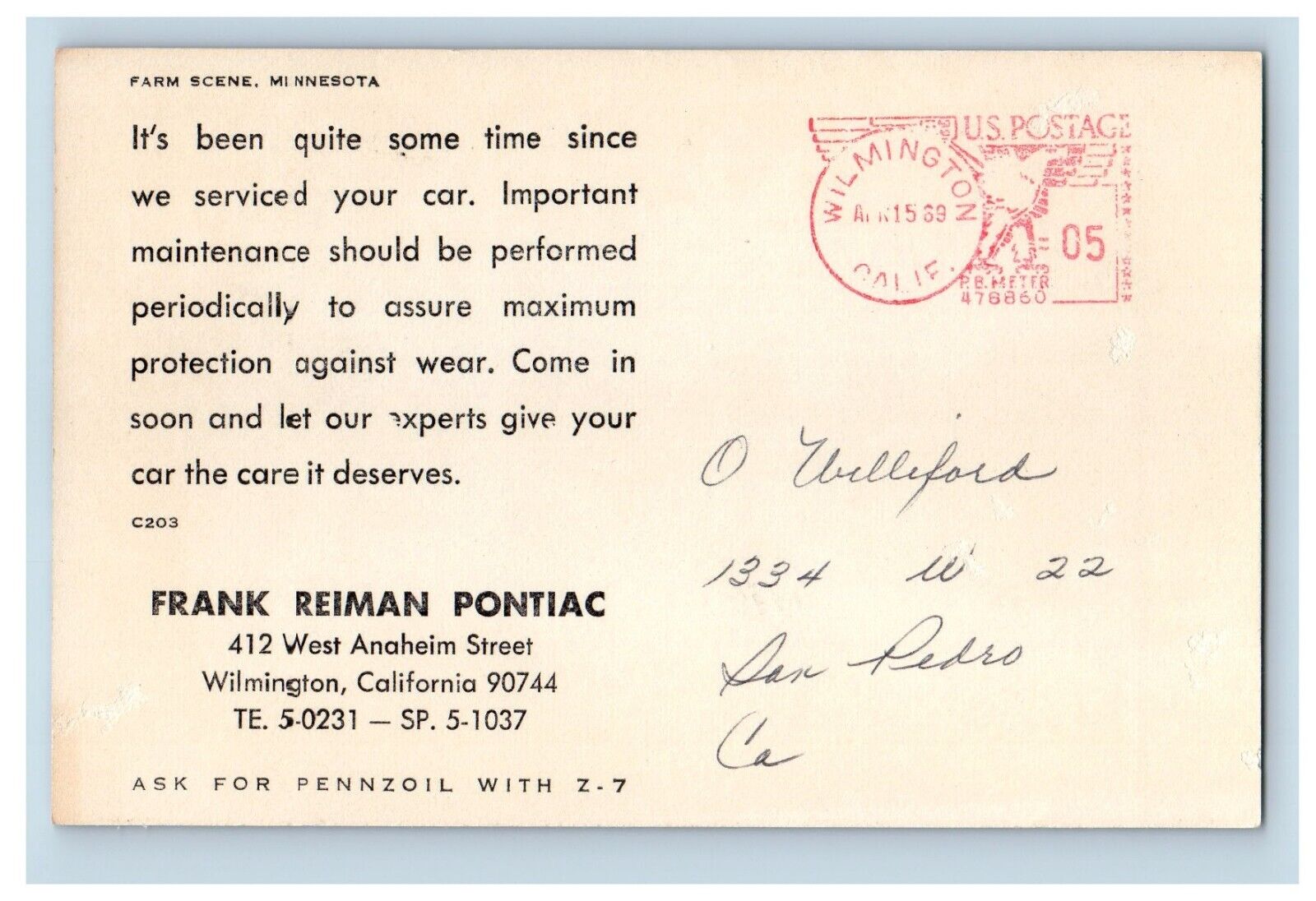 1969 Frank Reiman Pontiac Car Dealership Advertising Wilmington CA Postcard
