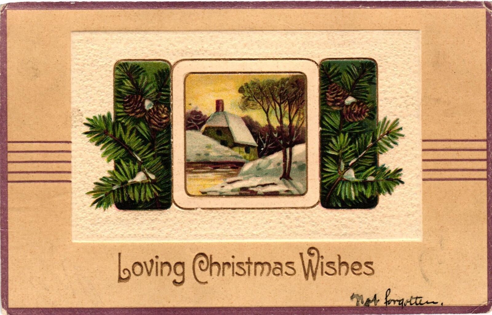 Vintage Postcard- Snowy homestead, Loving Christmas Wishes