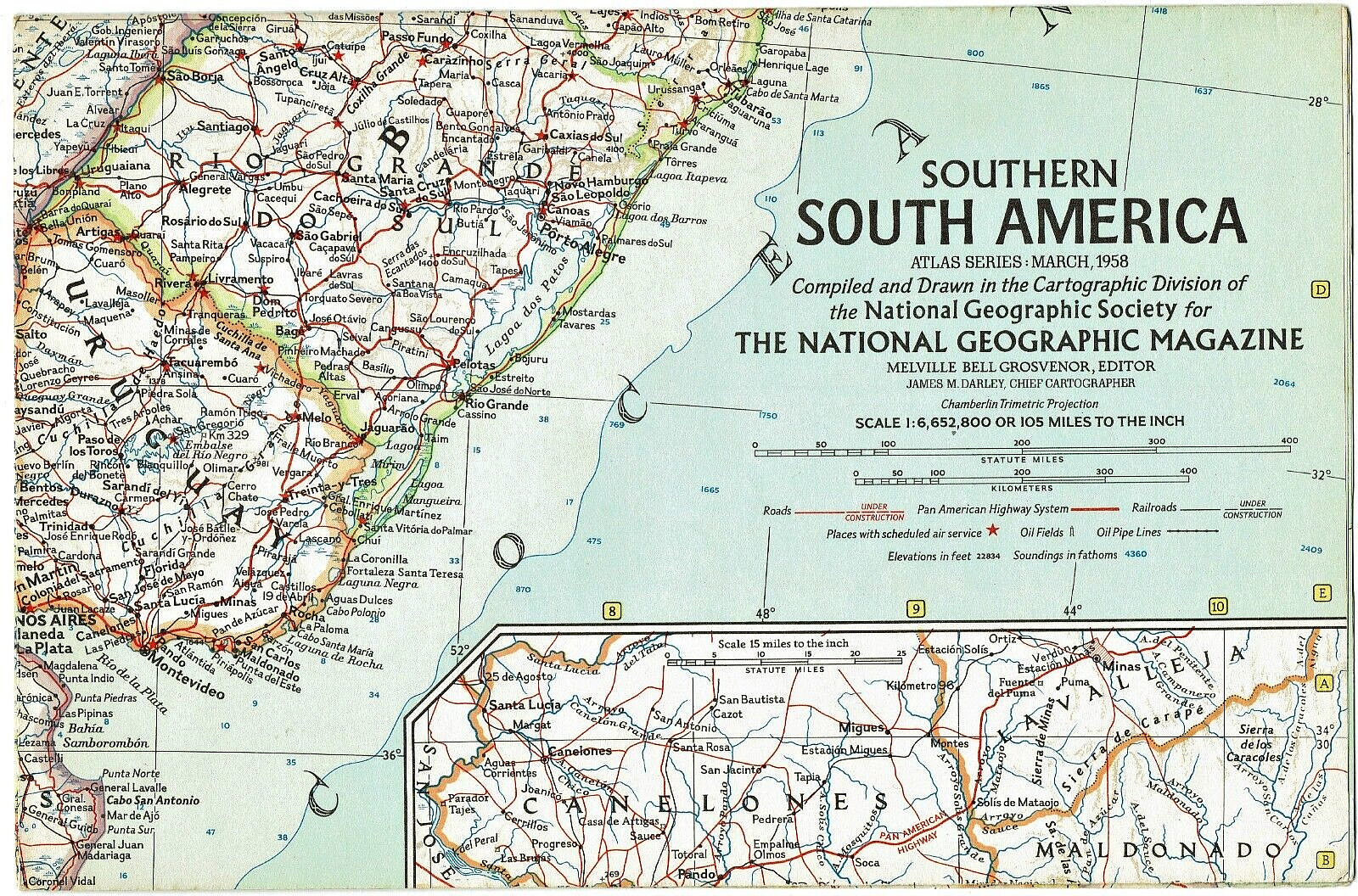 ⫸ 1958-3 March Vintage SOUTHERN SOUTH AMERICA Map National Geographic - A3+