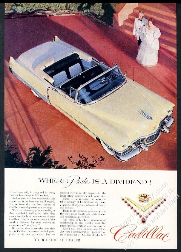 1954 Cadillac convertible yellow car photo vintage print ad