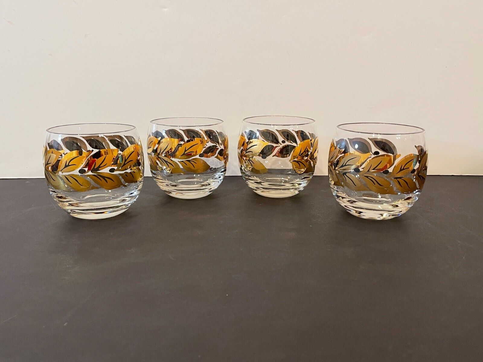 Four (4) Large Federal Roly Poly Gold and Black Leaves Glasses - 3 1/8\