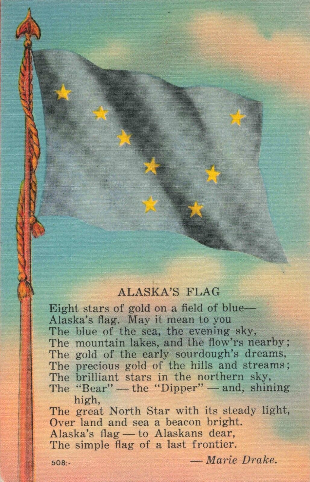 Seward AK Alaska, Alaska\'s Flag & Poem by Marie Drake, Vintage Postcard