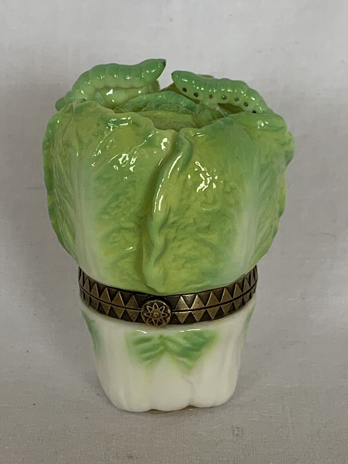 Vintage Cabbage Porcelain Trinket Box Inchworm Handles