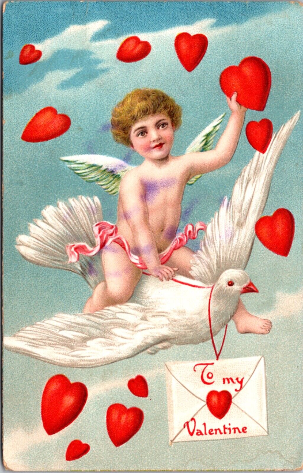 Valentine\'s Day Postcard Cherub Cupid Riding White Dove Dropping Red Hearts