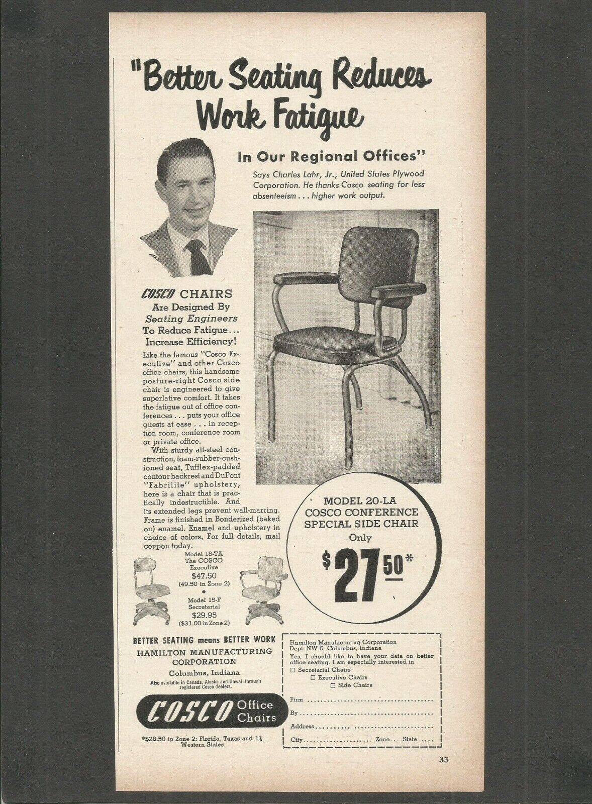 Office Chairs COSCO - 1953 Vintage Print Ad