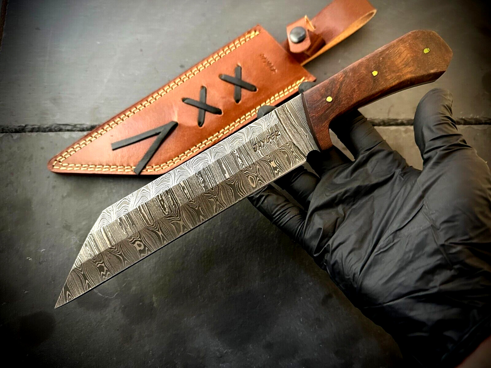 Handmade Damascus Steel Medieval Viking Seax Knife-Jayger-Leather Sheath