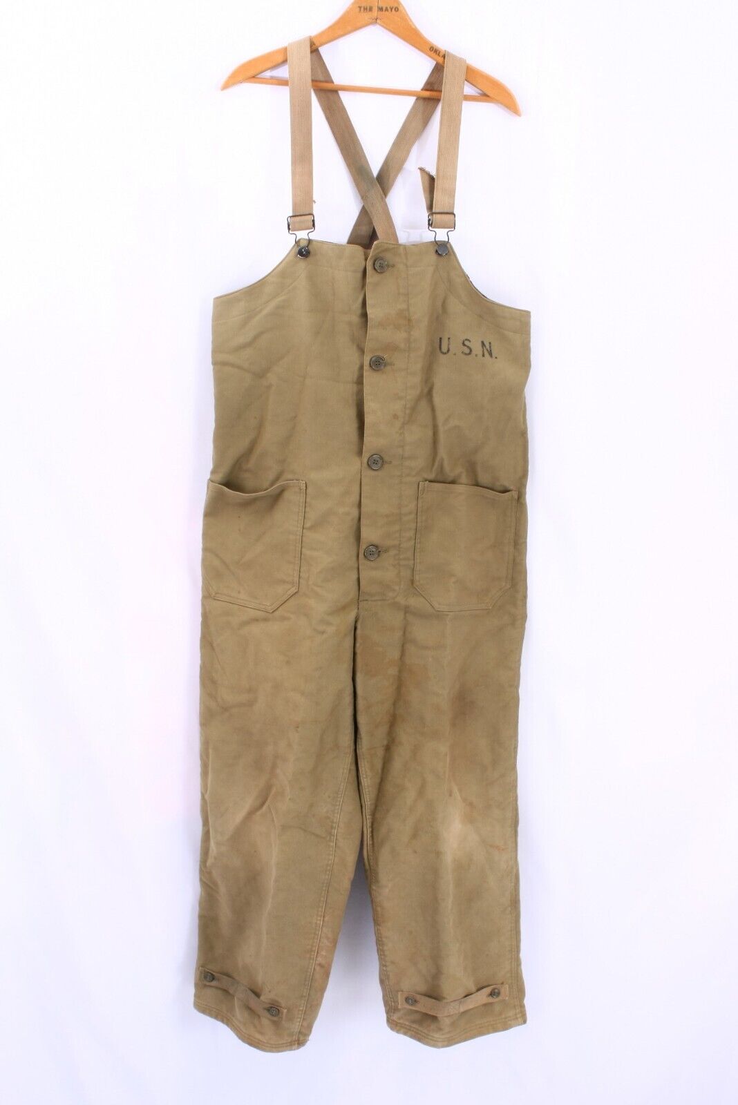 Vintage 40s WWII USN Navy Olive Green Bibs Overalls Deck Pants Men\'s Small