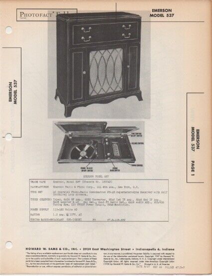 1947 EMERSON 537 Photofact CONSOLE RADIO PHONOGRAPH  SERVICE MANUAL phono repair