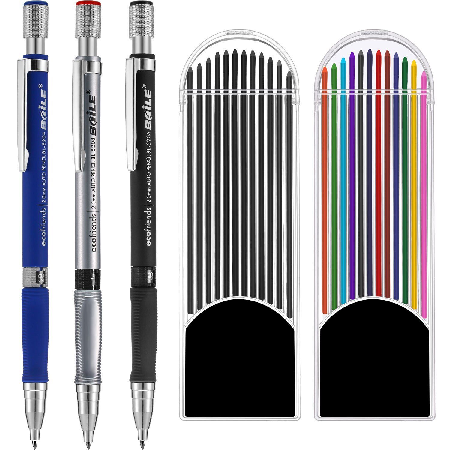 3 PCS 2.0 mm Mechanical Pencil with 2 Cases Lead Color and Black Refills Art
