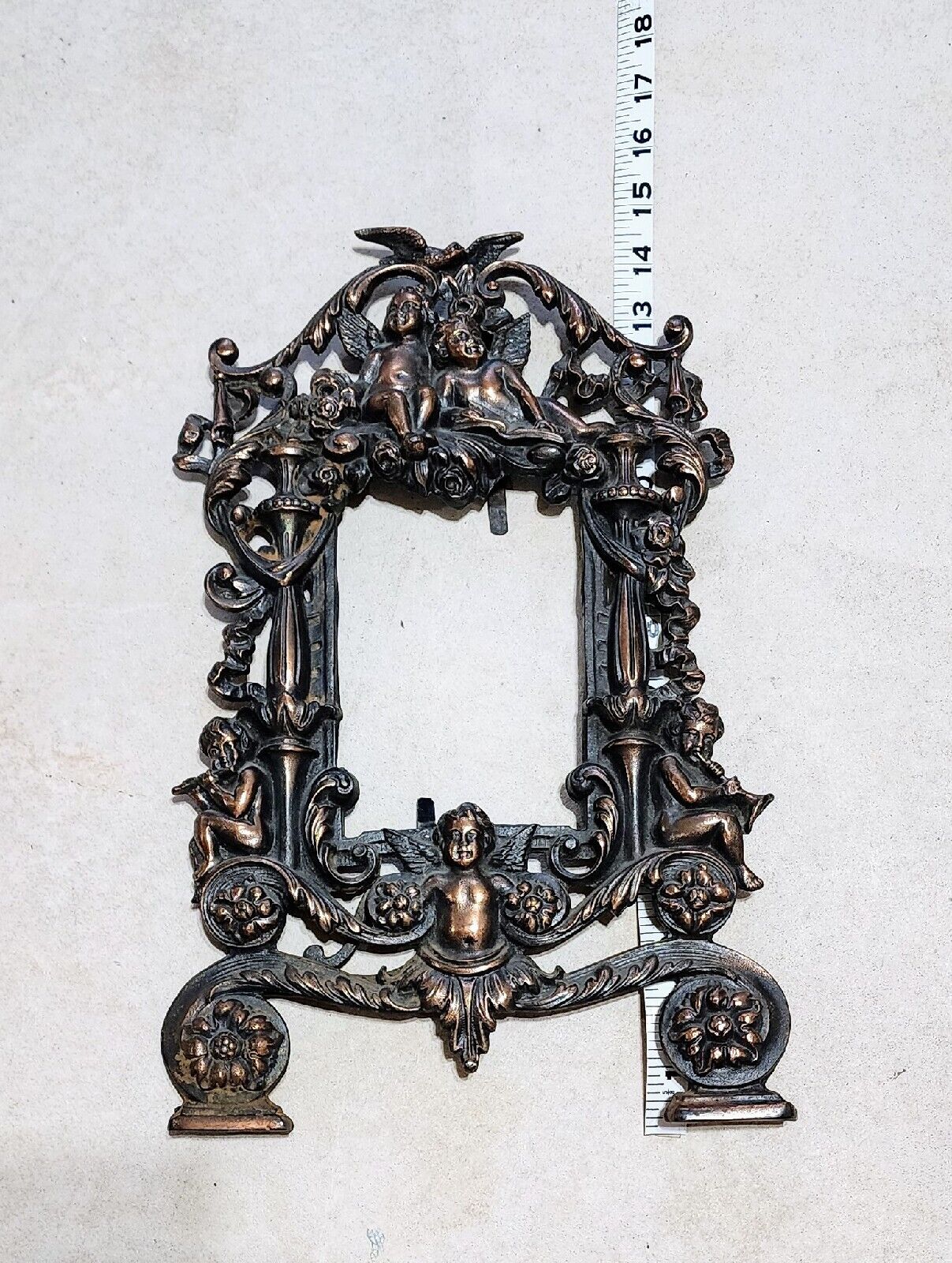 Antique Cast Iron Signed Mirror Frame, Cherubs for Table, Wall w/ Folding Leg