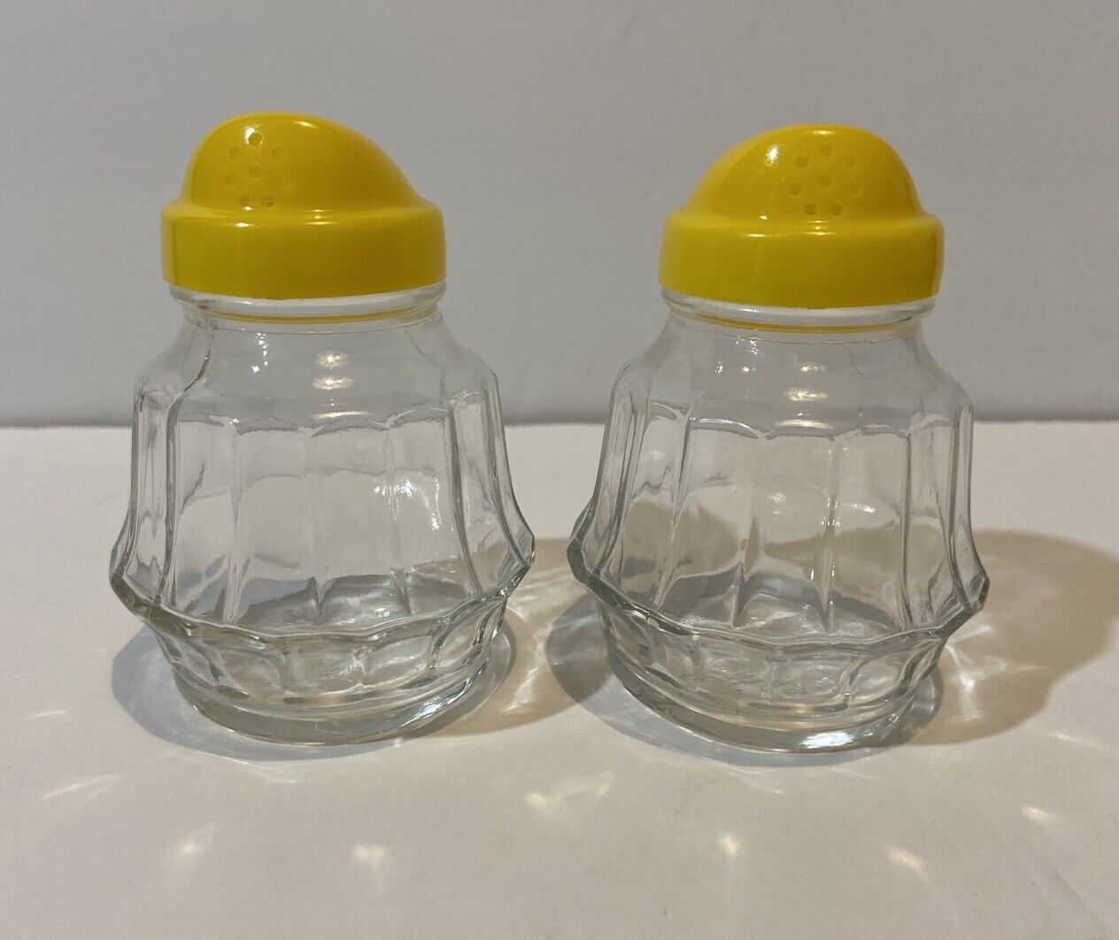 Vintage Federal Glass Practical Housewares Salt Pepper Shaker Yellow Lid