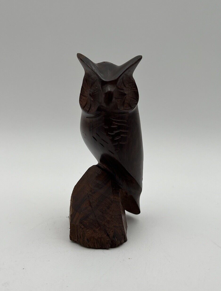 Vintage Hand Wood Carved Horned OWL Ironwood Figurine Sculpture MCM Dark Brown