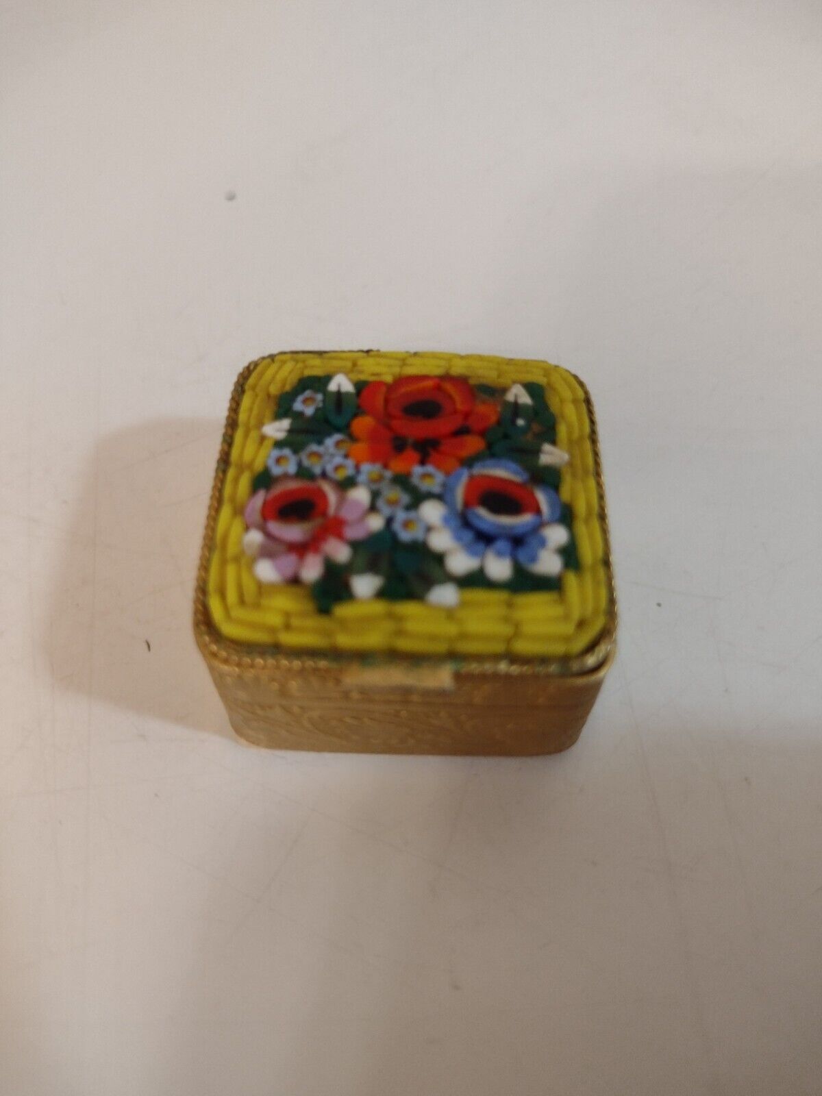 Vintage Italian Micro Mosaic Trinket Pill Box, Floral Pattern