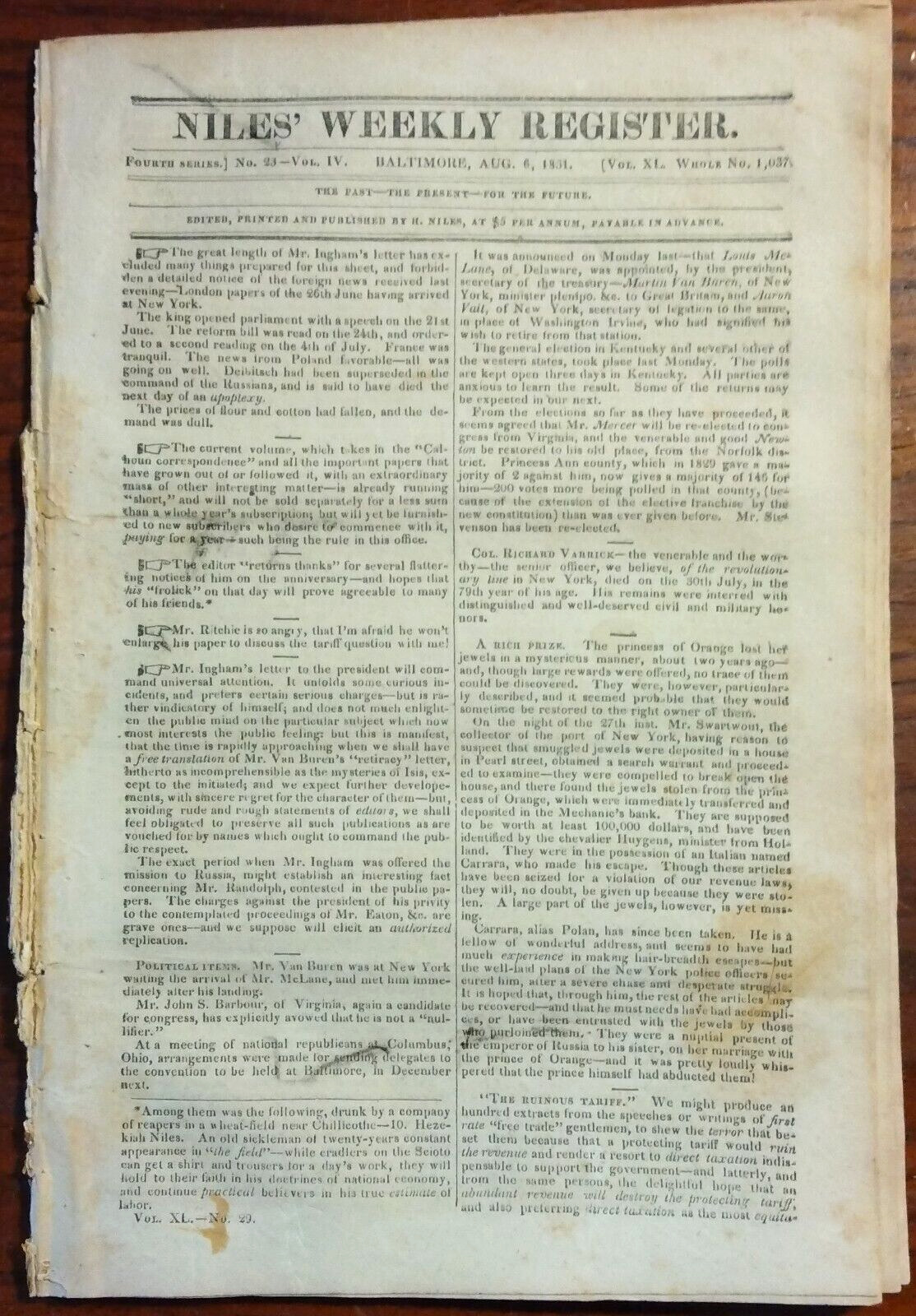 1831 Niles Weekly Newspaper- Sac Indian Hostilities &Removal, Polish–Russian War