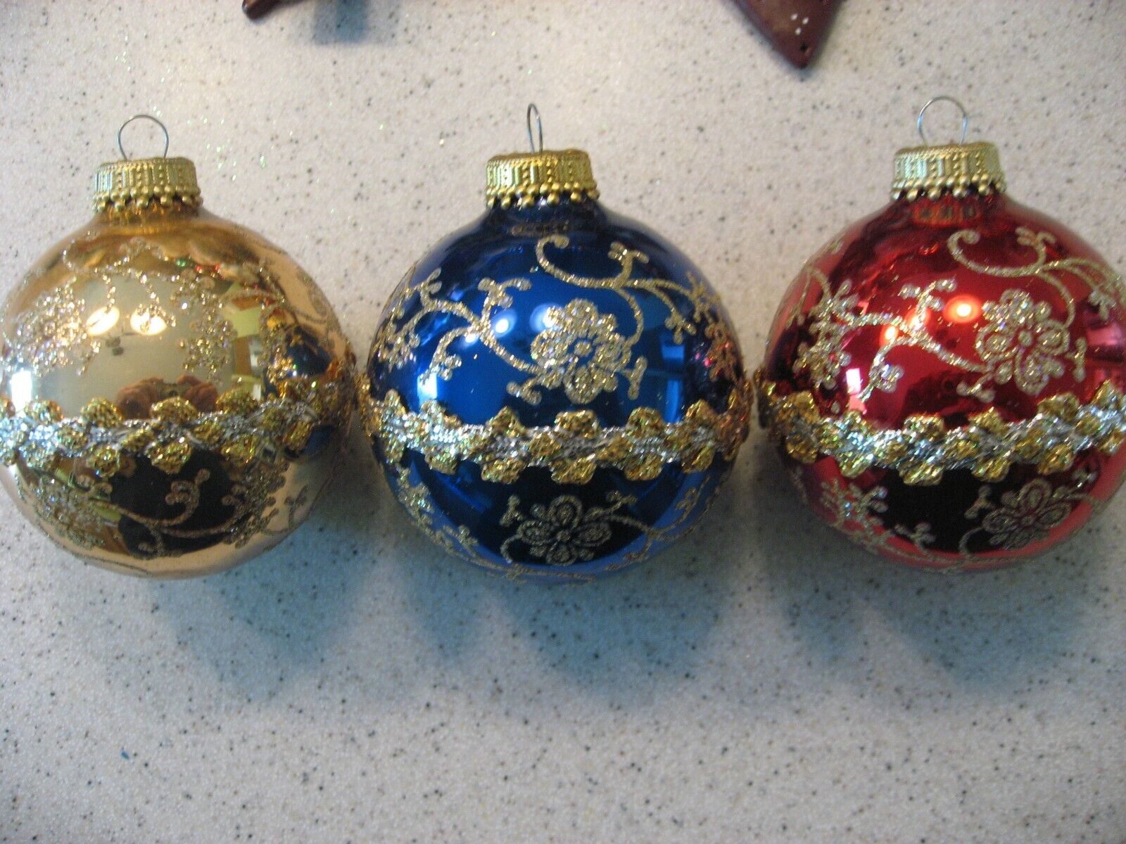 Vintage Lot of 3 Multi-Colored Glass Christmas Ornaments with Applique 2.75\