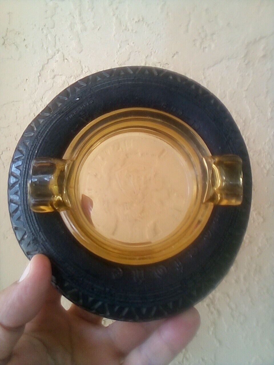 Vintage Amber Firestone Tire Ashtray The Mark Of Quality Amber Glass Insert
