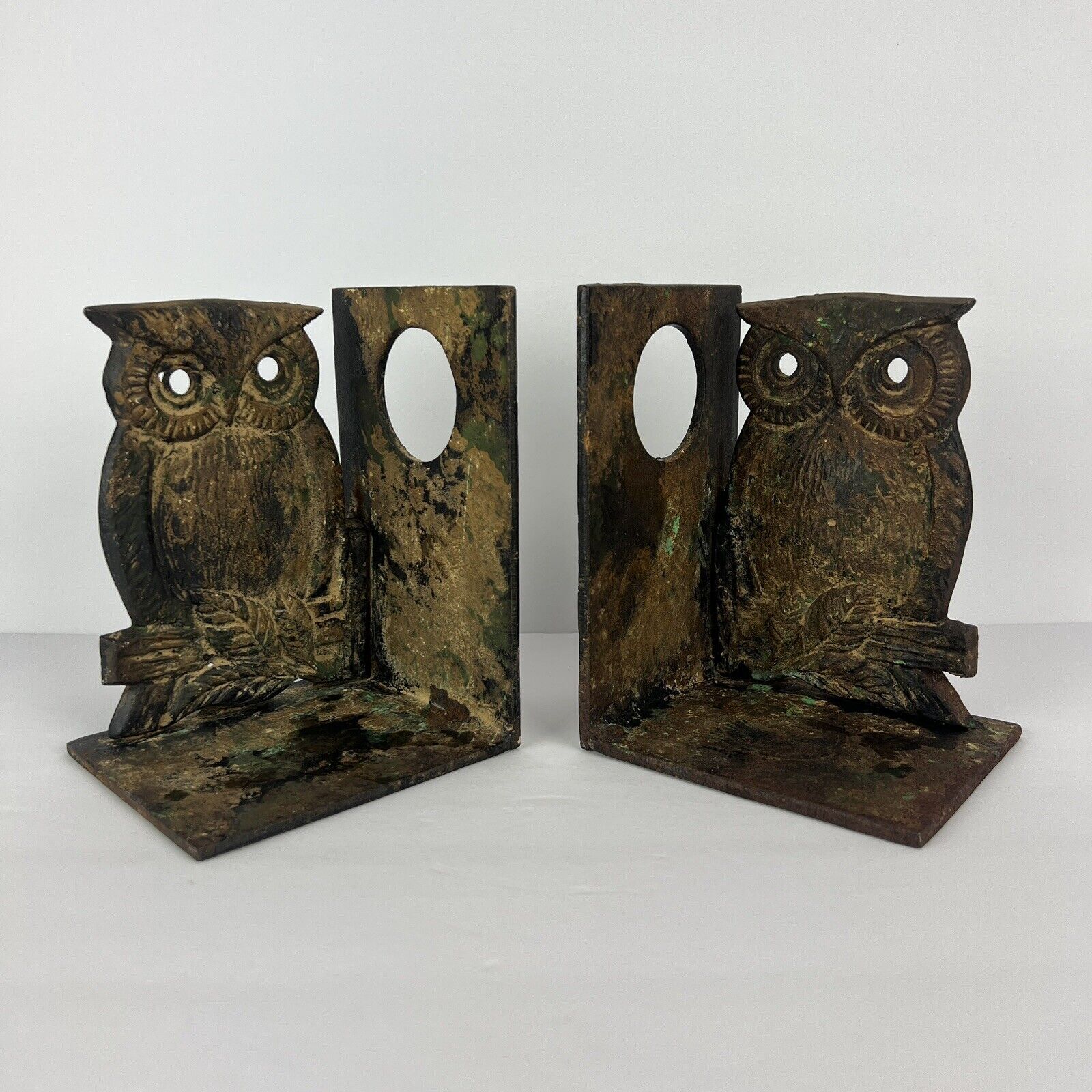 Vintage Iron Owl Bookends Japan Japanese Verdigris Green Patinated