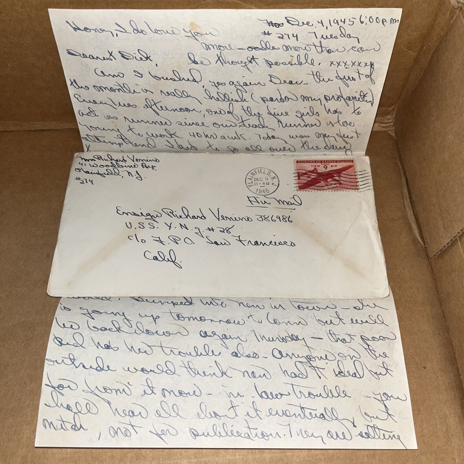 1945 Love Letter from Wife, Post WWII, to US Navy Ensign Columbia Pays Out Bonus