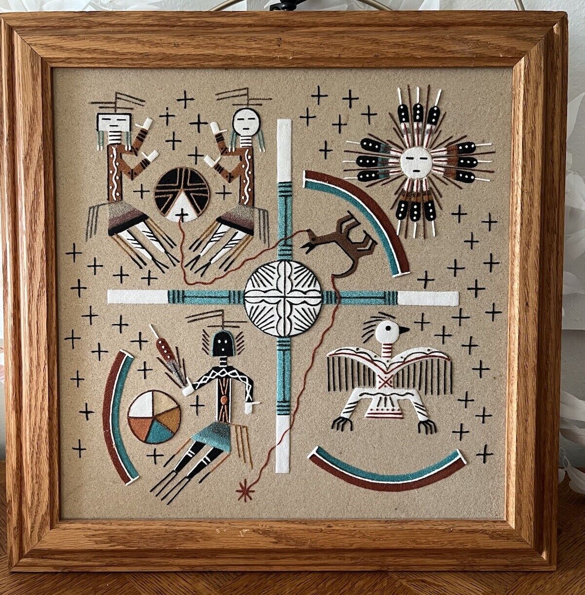 Authentic Navajo Sand Painting VTG Signed By Herman Tom 16” X 16” Wood Frame