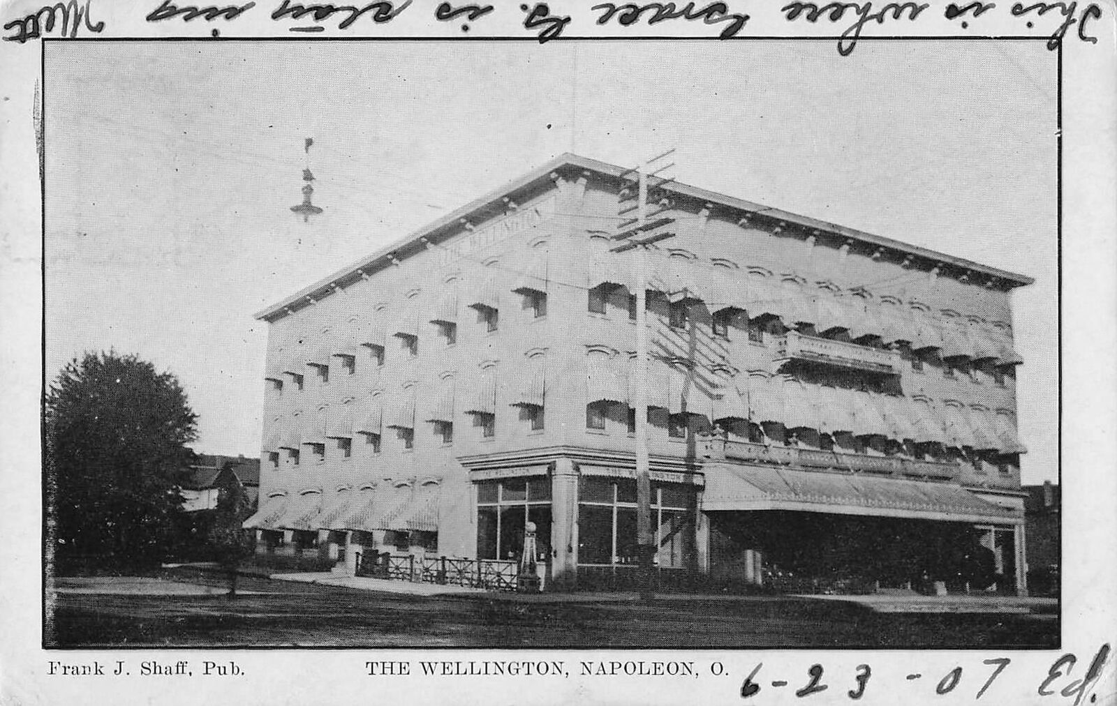 Rare 1907 Photo Postcard The Wellington Hotel Napoleon Ohio Frank J Shaff Pub.