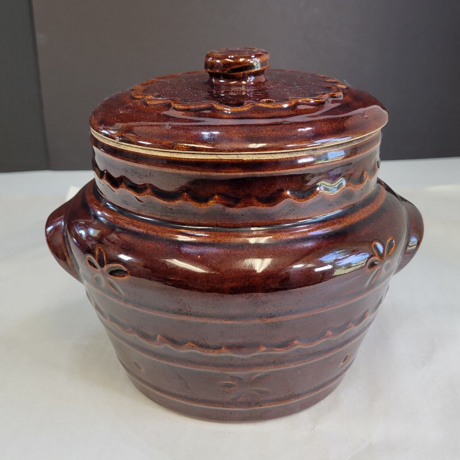 Marcrest USA Brown Daisy Dot Oven Proof Stoneware Bean Pot Lid 7