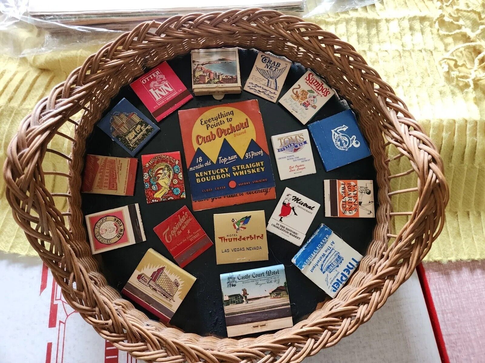 Vintage Matchbook Lot Of 18 DISPLAYED ON WICKER CRAB ORCHARD WHISKEY, Man Cave